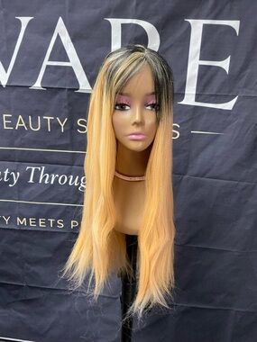 Long Ombre Straight Wig - Black to Peach Blonde